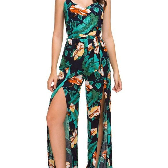 NWT Backless Slit Leg Tie Waist Tropical Jumpsuit - Picture 7 of 8